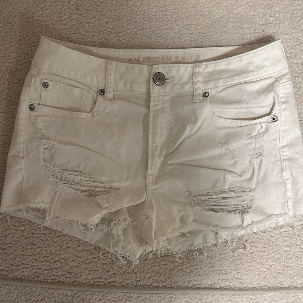 American Eagle Outfitters Women's Cream Distressed Jean Shorts